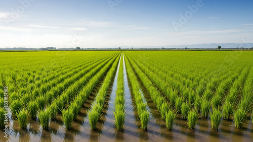 rice field in thailand, Young green onion plants grow in neat rows on fertile farm soil. Agricultural field stretches towards horizon under clear sky. Healthy crop cultivation on rural land.