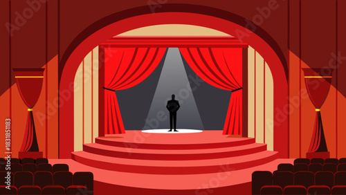 Lone figure stands on a brightly lit stage in a grand theater with red curtains and audience seats