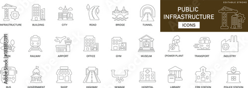  public infrastructure line icon set featuring roads, police, shop, station, bridges, gym, government, office, utilities, transportation, water supply, energy, communication, and civic facility symbol