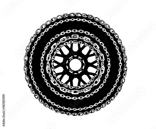 Black White Vector Icon Car Tire Snow Chains - Flat Design | Clean, isolated vector art for creative projects.
