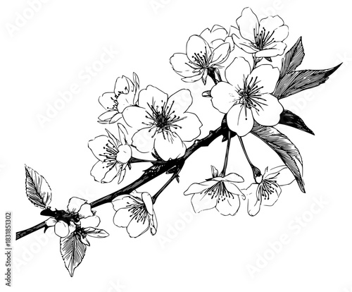 Whispers Spring: Cherry Blossom Branch Black White | Clean, isolated vector art for creative projects.