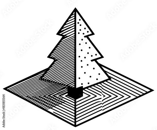 digital art piece, 'Midnight Matrix', depicts black white Christmas tree standing tall amidst maze lines, symbol resilience innovation.