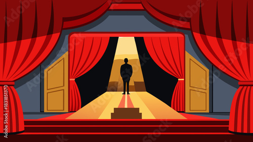 Lone silhouette stands on stage under spotlight with red curtains and open doors