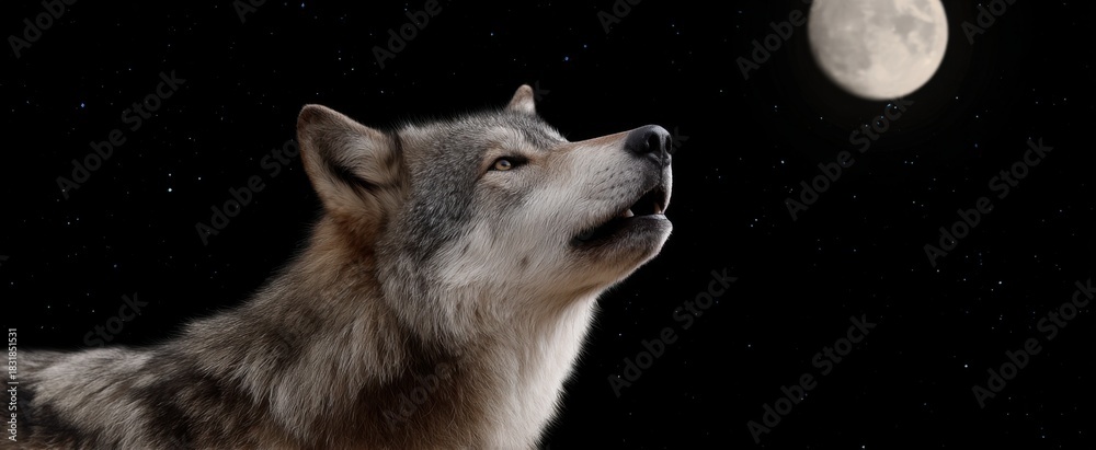 Naklejka premium Wolf singing to the full moon like a midnight poet in a dark sky.