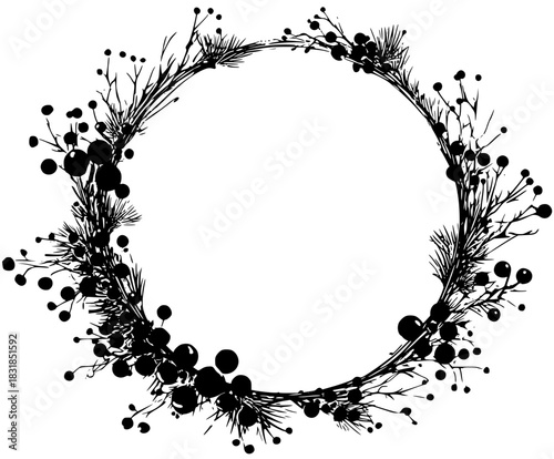 Elegant Christmas Wreath Decoration - Minimalist Black White Vector Art | Clean, isolated vector art for creative projects.
