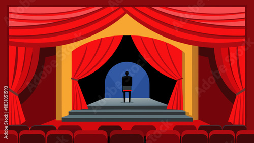 A lone figure stands on stage in a spotlight before a theater audience