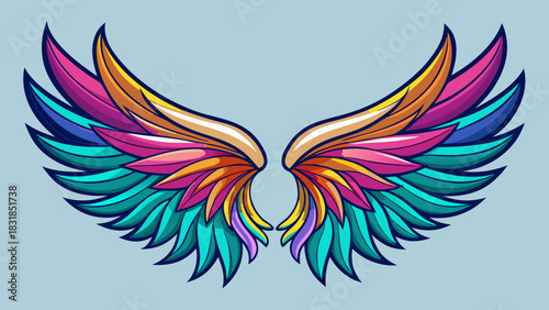 Vibrant abstract colorful feathered wings spread wide against a soft blue background