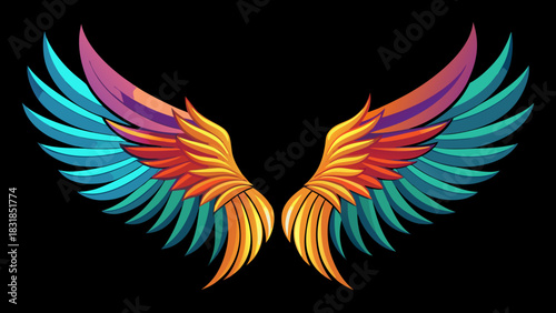 Vibrant abstract wings with colorful gradient feathers on a black background
