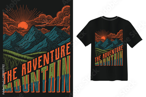 Mountain adventure landscape graphic with t-shirt design
