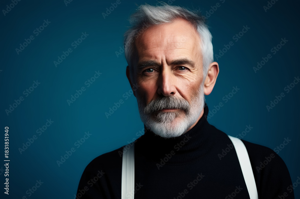 Obraz premium A mature Caucasian man with gray hair and a beard wears a black turtleneck in a dramatic studio portrait against a dark teal background.