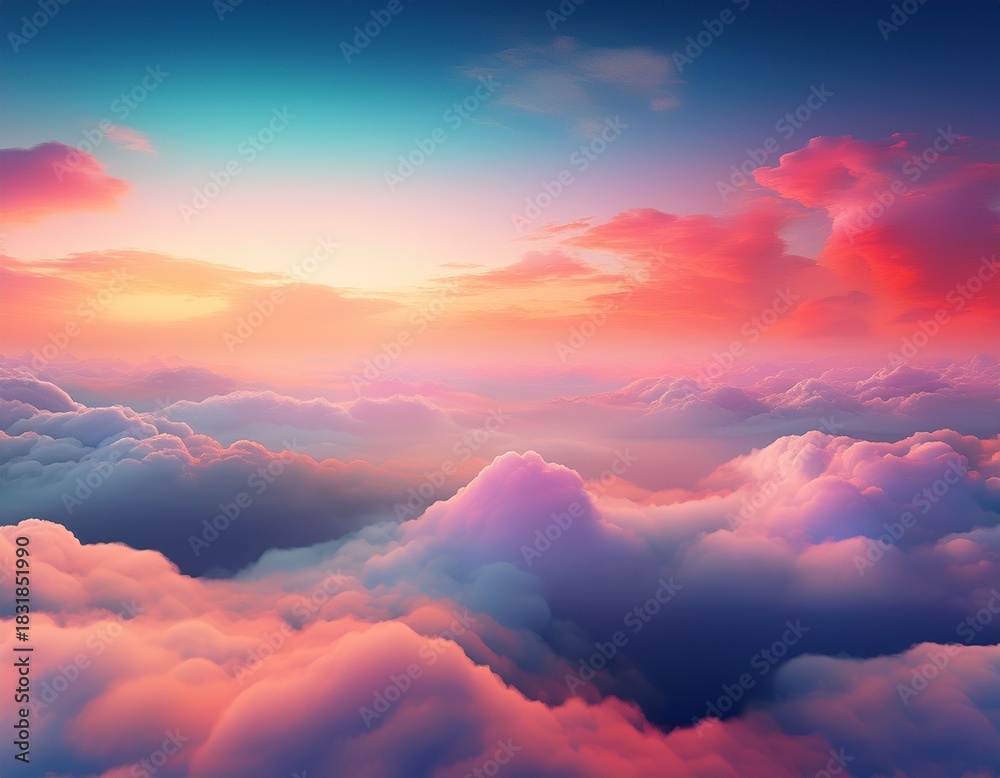 Obraz premium flying above a dense layer of clouds at sunrise with beautiful colorful gradient sky inspiration and dreaming concept wide background