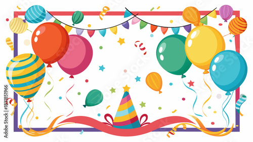 Colorful birthday party celebration with balloons confetti and party hat