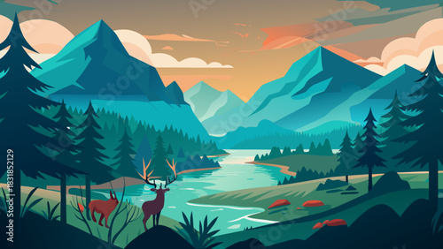 Majestic mountain range with a serene river and forest animals at sunset