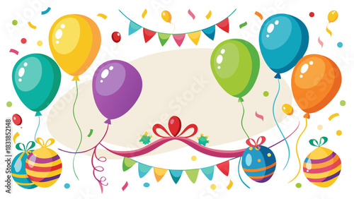 Colorful balloons and confetti decoration for birthday celebration party background