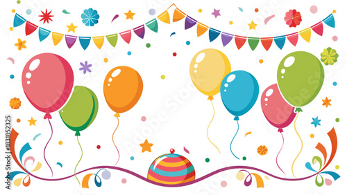 Colorful celebration background with balloons confetti and party bunting