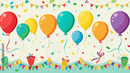 Colorful balloons and party decorations with confetti and gifts background