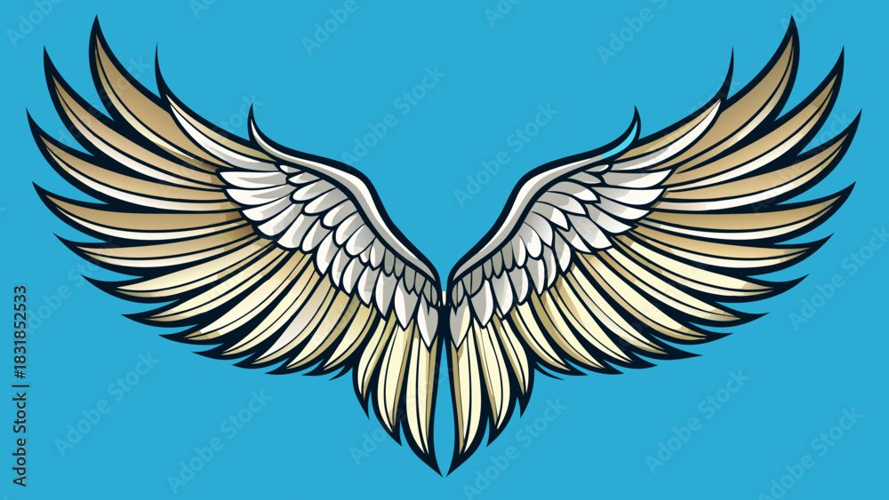 Fototapeta premium Stylized golden and white angel wings spread open against a bright blue background