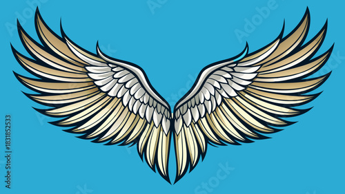 Stylized golden and white angel wings spread open against a bright blue background