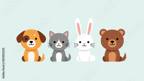 Cartoon illustration of a dog, cat, rabbit, and bear sitting together.