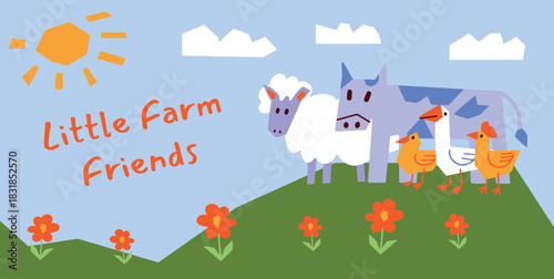 Childish Farm Cow Sheep Goose Chicks and Hen on green hill with sun clouds and flowers. Cute flat vector scene for kids cards posters nursery decor