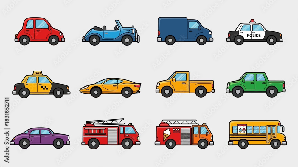 Naklejka premium Cartoon illustration of various types of vehicles.