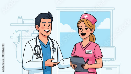 Doctor and nurse discussing patient care in a hospital room, cartoon style.