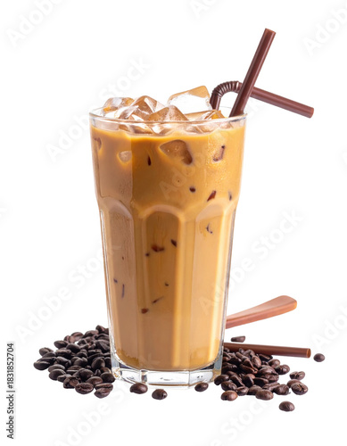 A strong singaporean kopi peng iced coffee with condensed milk in a tall glass, showing its dark layers, isolated on white background