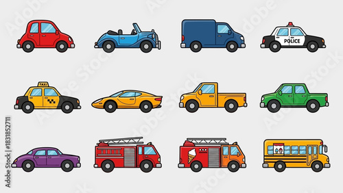 Cartoon illustration of various types of vehicles.