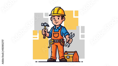 Cartoon handyman with tools, wearing a hard hat and overalls.
