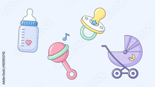 Baby items: bottle, pacifier, rattle, and stroller illustration.