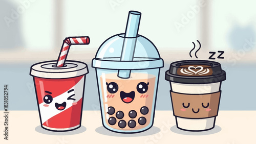 Cartoon illustration of three cute drinks: soda, bubble tea, and coffee.