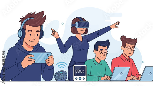 Diverse group of people using technology, including VR headset, laptops, and mobile gaming, in a modern setting.