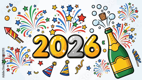 Festive 2026 New Year celebration with fireworks, champagne, and party hats.