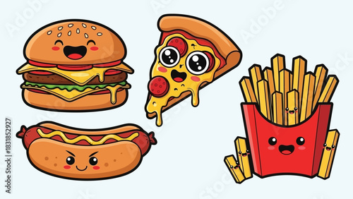 Cartoon fast food: burger, pizza, fries, and hot dog with cute faces.