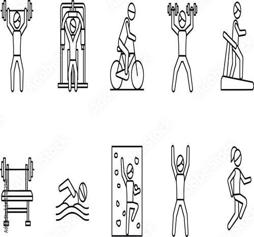 Set of fitness and gym activities vector line icons, featuring weightlifting, cycling, running, swimming, and rock climbing, representing health, workout, and active lifestyle concepts.