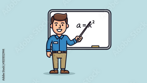 Cartoon illustration of a teacher explaining a mathematical equation on a whiteboard.