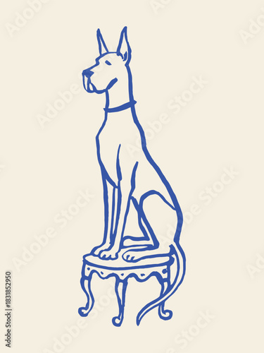 Great Dane dog on decorative stool naive sketch vector illustration
