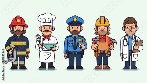 Cartoon illustration of various professions: firefighter, chef, police, builder, doctor.