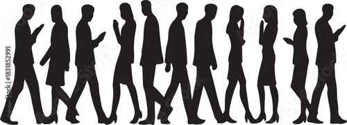 people walking, standing, using phone, office attire, male and female poses, casual business postures clean silhouette vector illustration