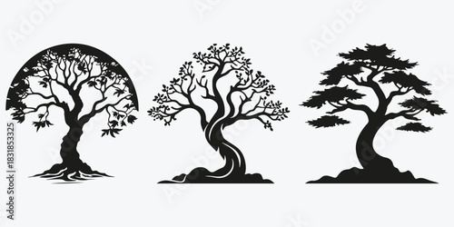 dragon tree silhouette sketch illustration vector set