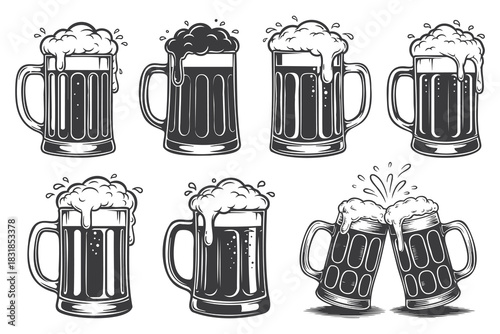 Collection of seven beer mugs with frothy foam and splashes glass drink
