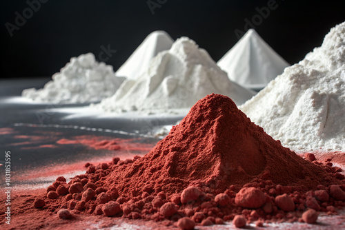 Striking contrast in powdered materials—red and white conical piles evoke industrial precision, pigment diversity, and material science intrigue. generative ai