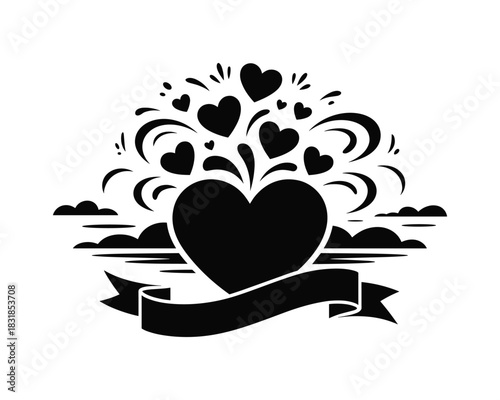 Black and white heart explosion with banner and clouds illustration