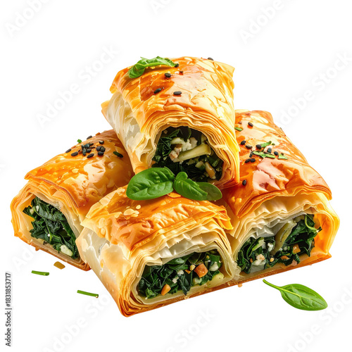 Greek spanakopita rolls professionally isolated on a pure white background for mediterranean food ads