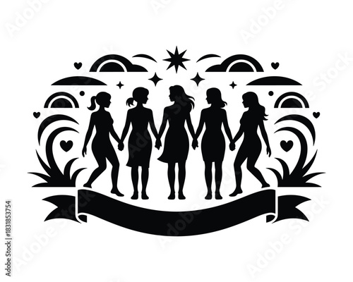 Empowered women holding hands in solidarity with nature and blank banner