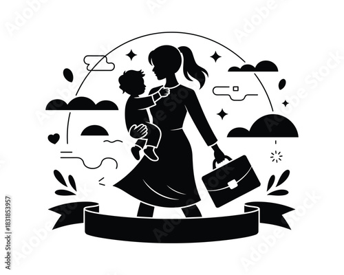Silhouette of a working mother holding her child with briefcase in hand