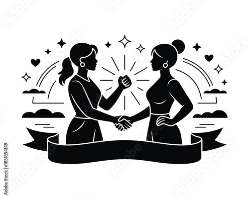Silhouette of two women shaking hands against a starry background