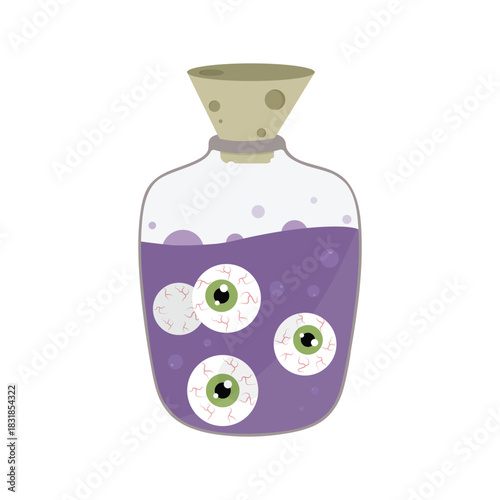 Vector Potion Bottle with Floating Eyeballs – Spooky Halloween Cartoon Illustration of Magic Jar with Purple Liquid for Horror and Fantasy Designs. 