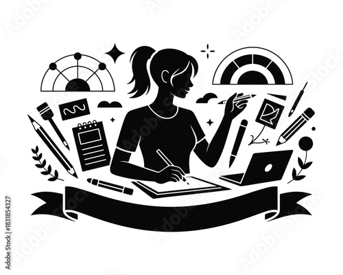 Silhouette of a female artist surrounded by creative tools and a blank banner