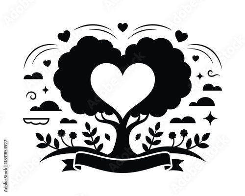 Heart shaped tree silhouette with banner and decorative elements
